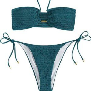 SweatyRocks Womens 2 Pc Bathing Suit Sz S Ribbed Tie Side Halter Bikini Swimsuit